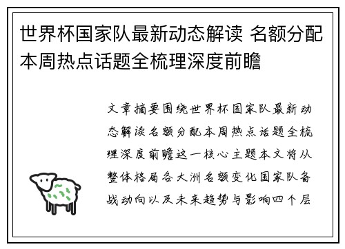 世界杯国家队最新动态解读 名额分配本周热点话题全梳理深度前瞻